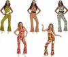 A collage of five women wearing different 1970s-style bell-bottom jumpsuits. Produktbild-Vorschau