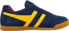 A side view of a blue Gola Harrier sneaker with yellow stripes and a brown sole. Produktbild-Vorschau