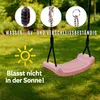A pink swing seat hanging in a garden with text overlays highlighting its features. Anteprima dell’immagine prodotto