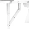 Close-up of the folding mechanism and leg of a white manicure table with a white marble pattern on the tabletop. Voir les images du produit