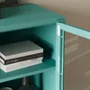 A close-up view of a teal metal cabinet with glass doors, showing books on a shelf. Náhled obrázku produktu