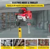 An electric hoist and trolley system is shown suspended from a beam in a warehouse setting, with four smaller images at the bottom illustrating its applications in car manufacturing, warehousing, logistics, and construction. Náhľad obrázku produktu