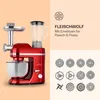 A red kitchen mixer with attachments, including a meat grinder and blender, is shown alongside a set of circular metal discs and a propeller-like attachment. Text describes the meat grinder function. Produktbild-Vorschau