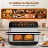 A kitchen appliance, an air fryer, is shown on a countertop with various food images displayed above it. Produktbild-Vorschau