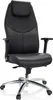 A black leather office chair with a chrome base and wheels, shown from the front. Produktbild-Vorschau