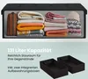 A storage bench with folded blankets and sweaters inside, and two empty storage boxes below, with text highlighting capacity. Produktbild-Vorschau