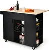 A black kitchen island cart with a wooden countertop, featuring shelves, a drawer, and a wine rack. Náhľad obrázku produktu