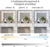 A vanity table with a lighted mirror, showcasing different lighting modes and brightness levels. Voir les images du produit