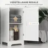 A white bathroom cabinet with shelves and doors open, showing towels and bottles inside. Arrows indicate adjustable shelf height. Produktbild-Vorschau