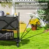 A garden cart with items in it, shown outdoors on grass with a fence and flowers in the background. The handle is shown adjusting. Produktbild-Vorschau