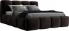 A dark brown upholstered bed with pillows and a blanket. Produktbild-Vorschau