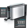 A toaster with a bread roll attachment and safety features highlighted with text overlays. Produktbild-Vorschau