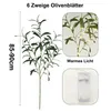 A collage of images showing an artificial olive branch with LED lights, its dimensions, and a battery pack. Produktbild-Vorschau
