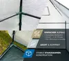 Close-up of a greenhouse frame and cover, with marketing text overlays. Produktbild-Vorschau