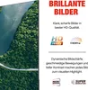 A television screen displaying a nature scene, next to marketing text and logos highlighting features. Produktbild-Vorschau