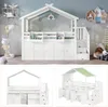 A collage of images showing a white house-shaped loft bed with green accents, featuring storage and stairs. Anteprima dell’immagine prodotto