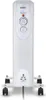 A white oil-filled radiator with wheels and controls on a white background. Produktbild-Vorschau