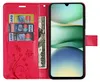A red flip phone case with card slots and a bill is shown open, revealing a smartphone inside. Produktbild-Vorschau