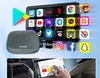 A Carlinkit adapter is shown next to a tablet displaying various app icons, with a car interior shown at the bottom. Produktbild-Vorschau