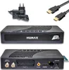 A black Humax Tivusat HD satellite receiver with its accessories, including a power adapter and HDMI cables, displayed against a white background. Produktbild-Vorschau