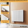 A white horizontal radiator is shown mounted on a light brown wall, with inset images detailing its features and specifications. Podgląd zdjęcia produktu