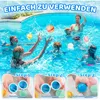 A collage showing children and an adult playing with water balls in a swimming pool, and a step-by-step guide on how to use a product. Produktbild-Vorschau