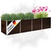A long, rectangular planter box filled with green plants and pink flowers, with a label indicating it's designed in Germany. Produktbild-Vorschau