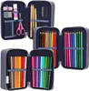 A collage of three open pencil cases filled with various art supplies like colored pencils, markers, scissors, glue, and a ruler. Náhled obrázku produktu