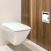 A wall-mounted toilet and a recessed toilet paper holder in a bathroom with wood paneling. Produktbild-Vorschau