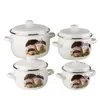 A set of four white enamel pots with mushroom illustrations, arranged in a 2x2 grid against a white background. Náhľad obrázku produktu