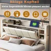 A bed with a headboard featuring storage and charging capabilities, with decorative icons indicating features. Produktbild-Vorschau
