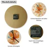 A collage of images showing details of a wall clock, including its front design, back mechanism, and a close-up of the clock face. Produktbild-Vorschau