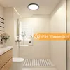 A modern bathroom with a ceiling light, toilet, and shower. Voir les images du produit