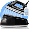 A steam ironing station and its iron are shown with steam emanating from the iron, against a light blue background. Produktbild-Vorschau