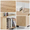 Collage of images showing details of a wooden desk, including water droplets on the surface, a close-up of a metal leg with a rotation indicator, a bookshelf filled with books, and the base of the desk. Voir les images du produit