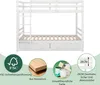 A white bunk bed with drawers underneath, shown with several informational icons and text. Náhled obrázku produktu