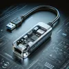 A USB 3.0 hub with Ethernet port, showcasing its internal circuitry, set against a futuristic circuit board background. Produktbild-Vorschau