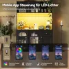 A modern black cabinet with LED lighting, featuring a collage of product features and app control interfaces. Produktbild-Vorschau