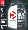 A product shot of a Dymatize Super Mass Gainer supplement tub, with nutritional information displayed on the left side. Produktbild-Vorschau