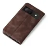 A brown flip-style phone case for a Google Pixel 8 is shown against a white background. Produktbild-Vorschau
