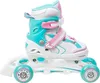A pair of children's adjustable inline skates in white, teal, and pink. Produktbild-Vorschau