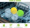 The image shows clear plastic containers with yellow and green lids inside a dishwasher rack. The bottom part of the image displays icons and text related to product features. Produktbild-Vorschau