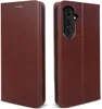 A brown leather flip case for a smartphone is shown from two angles. Produktbild-Vorschau