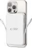 A white power bank is attached to the back of a silver smartphone. Two white charging cables extend from the power bank. Náhled obrázku produktu