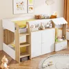 A child's bedroom with a bunk bed and storage unit. Voir les images du produit