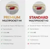 A comparison of two mattress models, PREMIUM MULTIPOCKET H4 and STANDARD MULTIPOCKET H3, highlighting their features. Produktbild-Vorschau