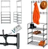 A collage of images showing a black metal coat rack and shoe organizer with various items displayed on it, including shoes, a coat, and a hat. There are also close-up shots of the product's construction and a tag with text. Náhled obrázku produktu