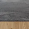 A close-up view of a gray plush rug with a high pile, resting on a wooden floor. Voir les images du produit