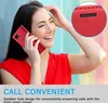 A woman is holding a red phone case to her ear, talking on the phone. Produktbild-Vorschau