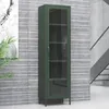 A tall, narrow, dark green metal cabinet with glass doors and shelves, standing against a tiled wall. Produktbild-Vorschau